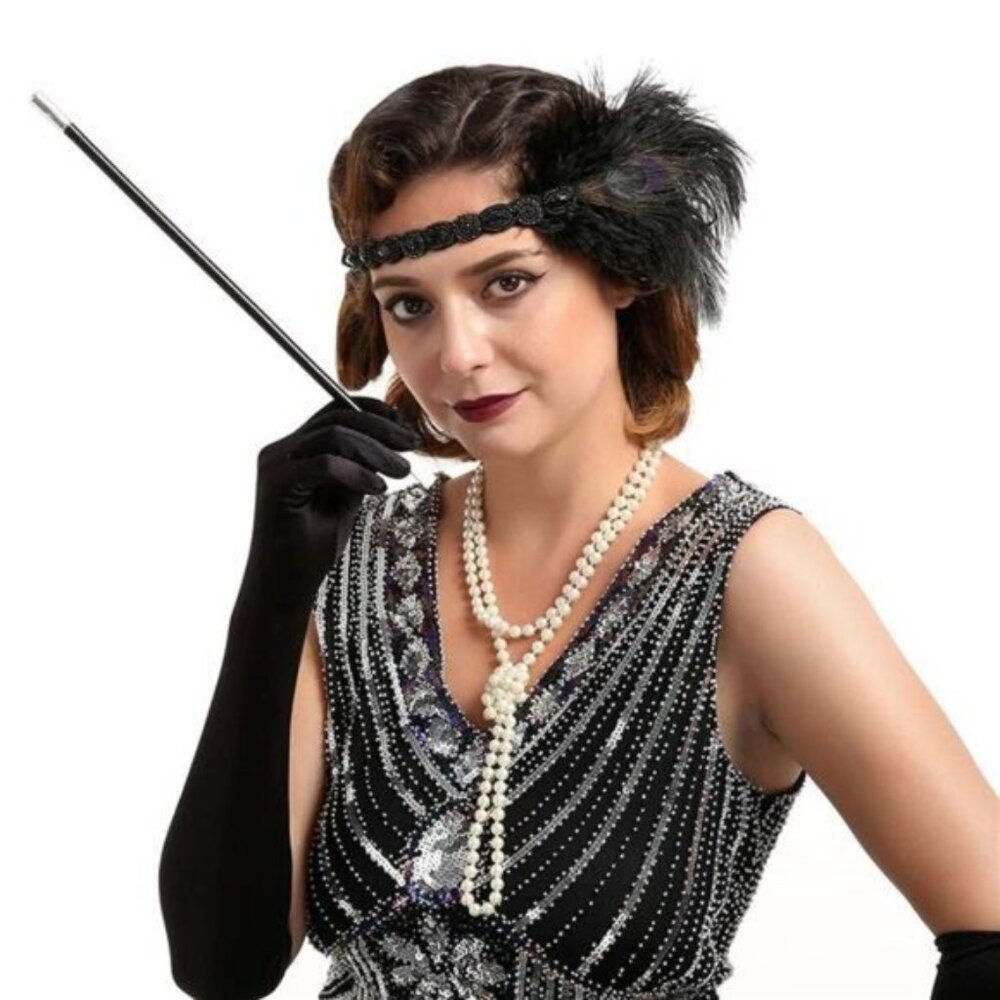 Womens Flapper Headband with Rhinestone, Black